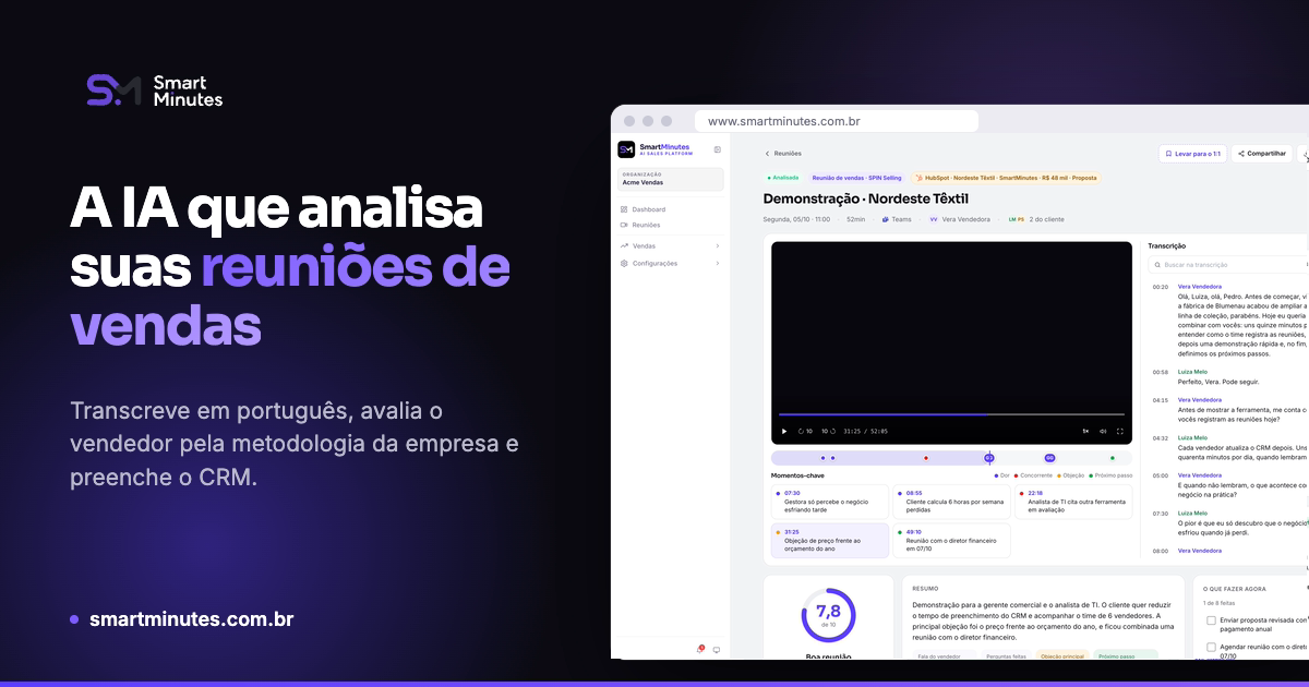 SmartMinutes — imagem de compartilhamento com o logotipo, a frase de apresentação e a tela de análise de reunião