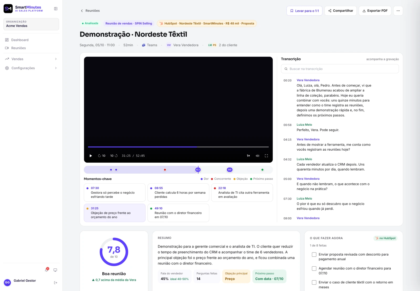 SmartMinutes — tela de análise de reunião de vendas com score, momentos-chave e transcrição