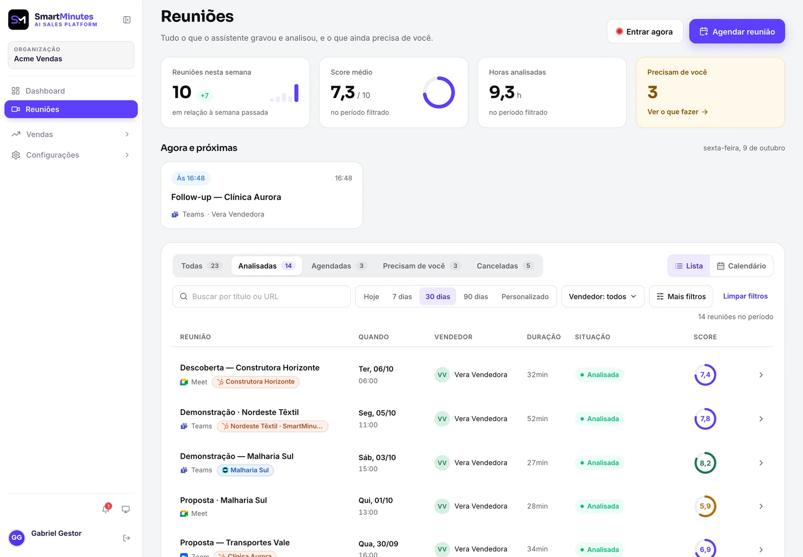 SmartMinutes — lista de reuniões de vendas analisadas, com vendedor, duração, situação e score de cada reunião