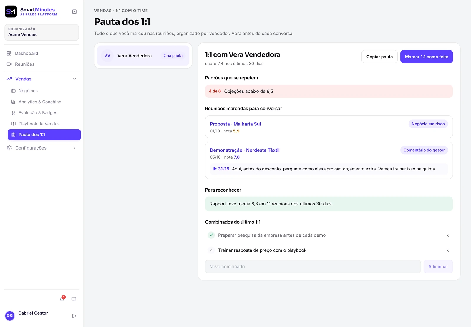 SmartMinutes — tela da Pauta dos 1:1 com padrões que se repetem, reuniões marcadas para conversar e combinados